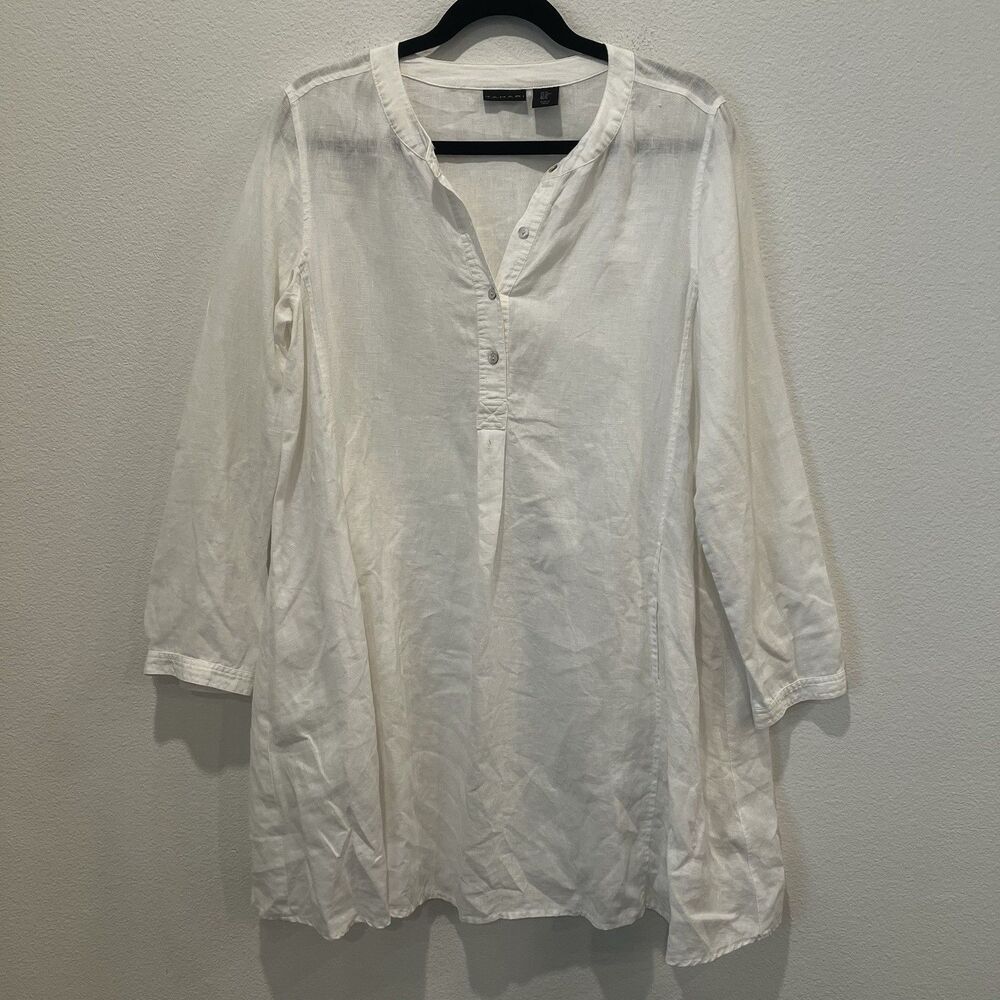 Tahari Womens White 100% Organic Linen Tunic Mini Dress Sz M Coastal Grandma